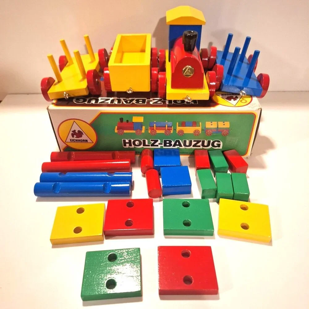 Eichhorn Holz-Bauzug Wooden Blocks Train Complete Set Original Box Vintage - Picture 8 of 12